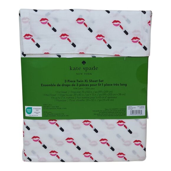 Kate Spade New York Twin XL 3-Piece Sheet Set Lipstick Kiss Print Black Red Pint - Picture 6 of 9